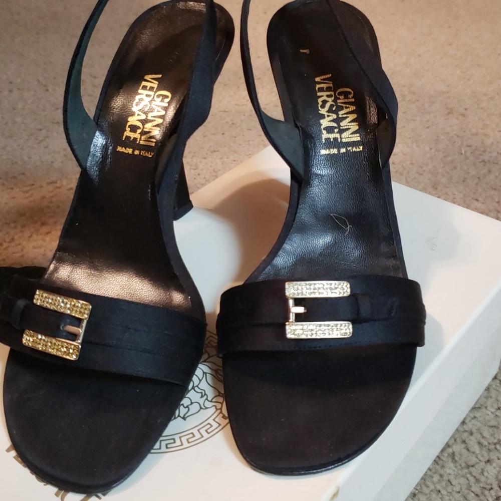 Gianni Versace black satin bling sandals size 6.5